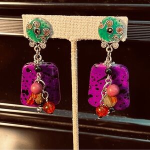 Colorful Dangle Clip Earrings with Green and Purple Accents